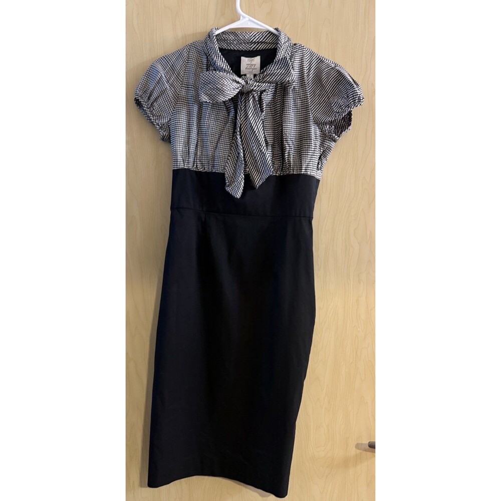 Suzi Chin Short Sleeve Pencil Dress Tie Neck Office Siren Size 2